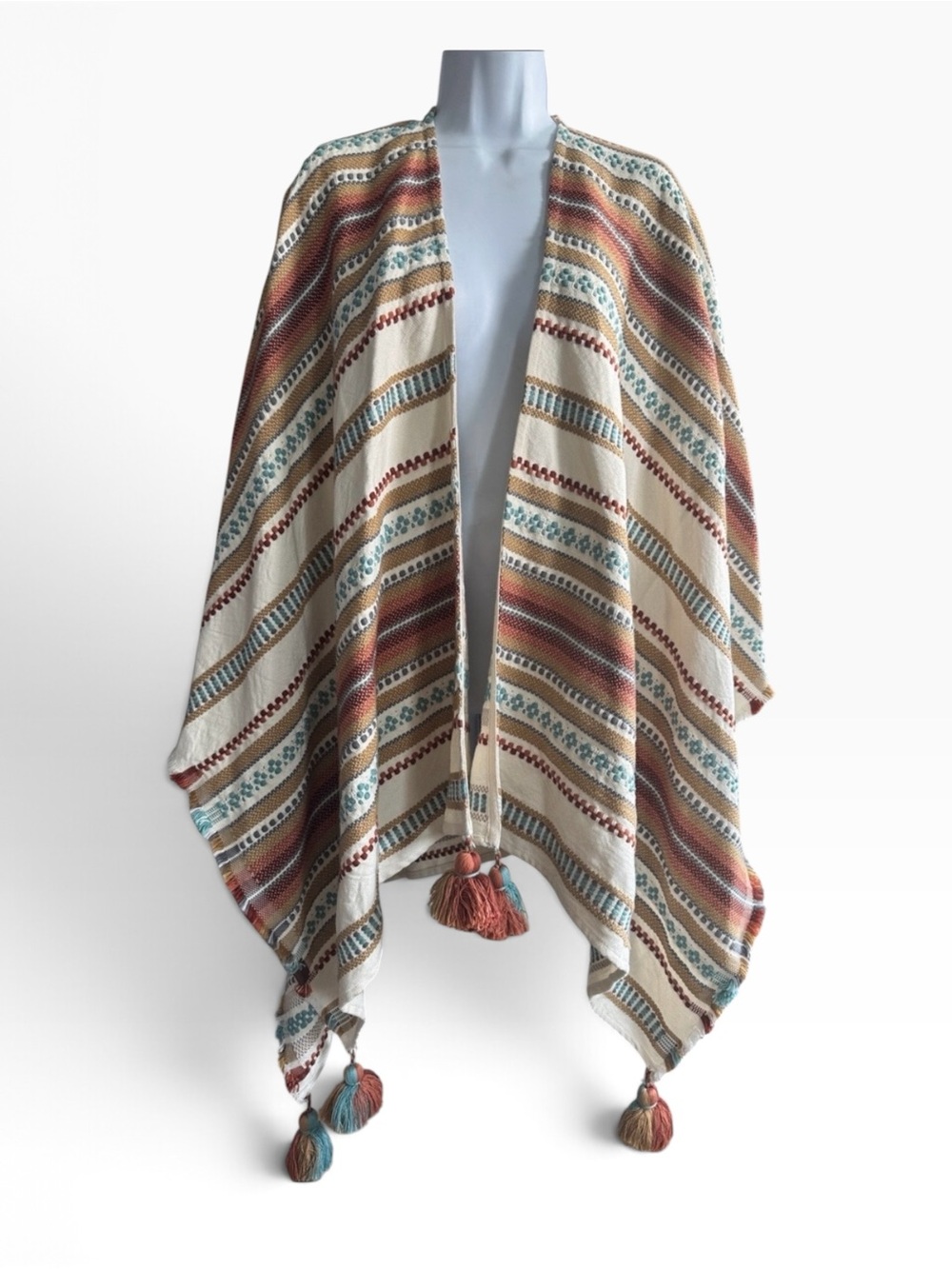Pendleton Women’s Woven Ruana Poncho Striped Tassel Cream Teal Western Boho OS